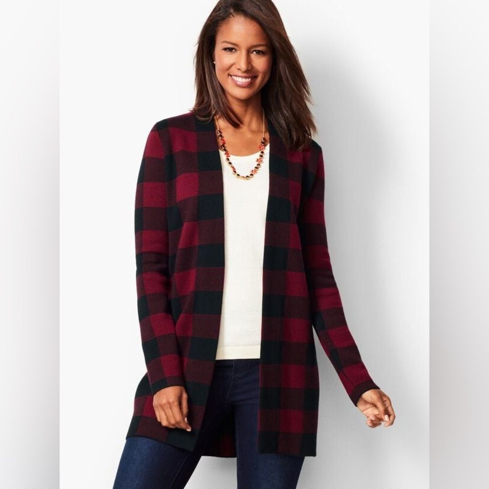 Talbots Buffalo Plaid Merino Wool Long Sleeve Open Front Cardigan XL NWOT
